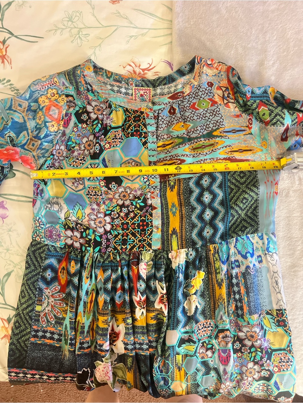 Johnny Was Nelsona Silk Teal, Green & Blue Patchwork Floral Midi Dress - Picture 11 of 11